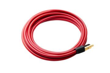 A coiled red cable with a black and gold connector isolated on a white background in a studio shot