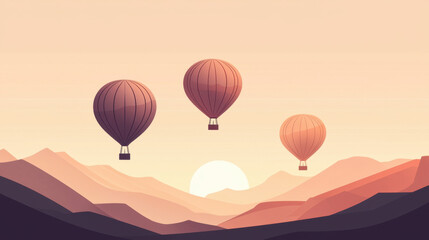 Obraz premium Three hot air balloons soar gracefully over rolling mountains as the sun sets, creating a calming atmosphere filled with warm shades and natural beauty.