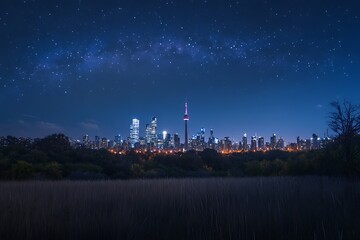 City skyline lights up under the starry night sky in the Canadian city, used for travel