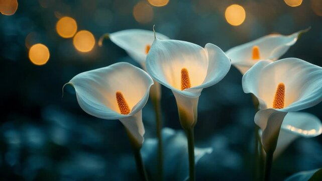 Elegant white calla lilies glowing in evening light, tranquil beauty concept