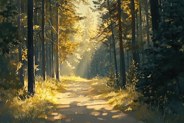 Obraz premium A peaceful forest path surrounded by tall pines, golden light seeping through the branches.