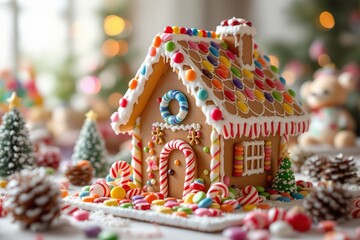 Gingerbread house with colorful candies and icing details placed on a festive background with Christmas decorations and blurred lights. Ai generative