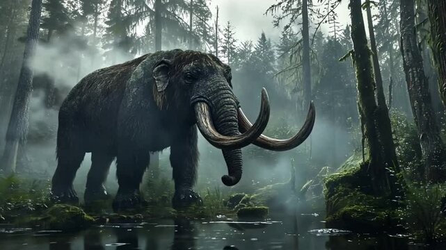 Woolly Mammoth in Misty Forest.  Possible Stock Photo Use Wildlife Photography