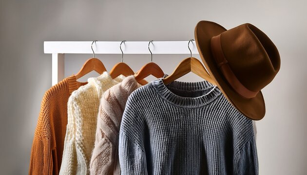 "Knitted Sweaters on Hangers with a Stylish Felt Hat"