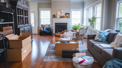 Moving boxes and home clutter, unpacked in a sunlit living room space