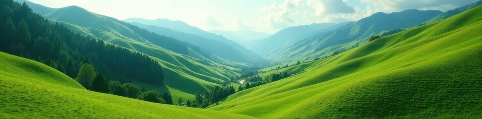 Fototapeta premium Deep green slopes, sunlit crests, shadows in valleys , backdrop, dark, wallpaper
