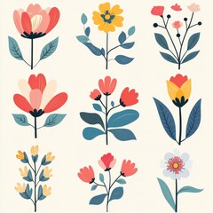 Colorful stylized floral illustrations of different types and sizes