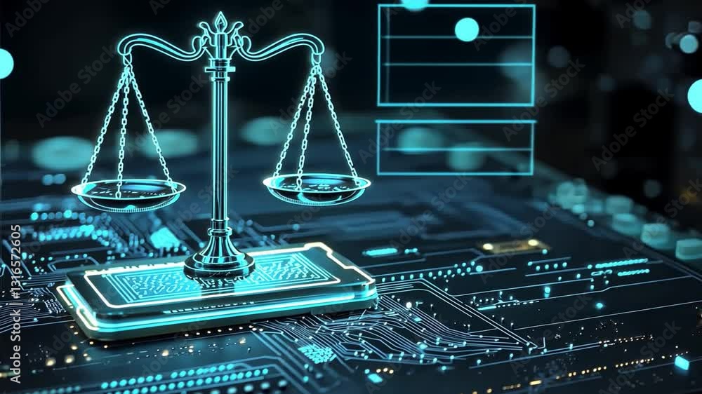 Poster futuristic balance scale on digital circuit background representing justice and technology in modern
