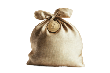 A satin bag tied at the top with a round coin attached on a white background in a studio setting view