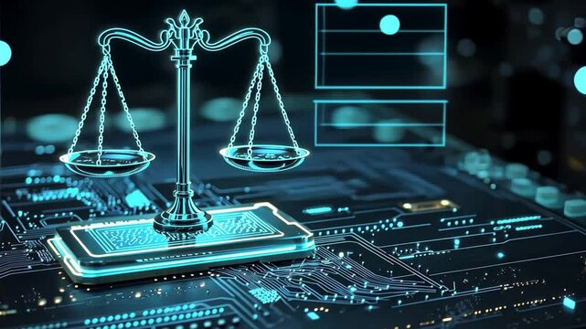Futuristic Balance Scale on Digital Circuit Background Representing Justice and Technology in Modern Law Enforcement and Data Management