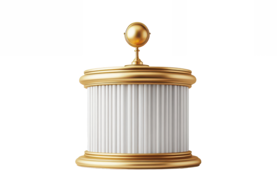 A golden and white cylindrical container with a golden ball on top isolated on a white background