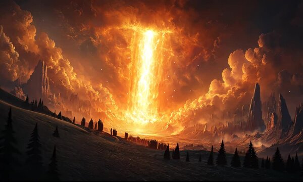Dramatic Biblical Scene, A Towering Pillar of Fire Protecting the Israelites from the Egyptian Army