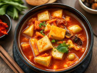 Korean Spicy Kimchi Tofu Stew in Black Bowl, Close-up Food Photography, Culinary Delight, Delicious Authentic Cuisine.