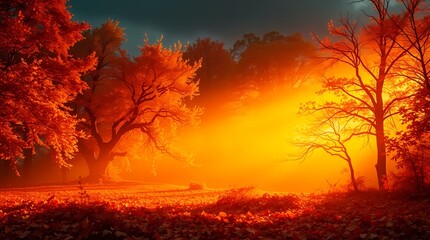 Fototapeta premium Golden Sunrise in Forest: A vibrant sunrise bathes a forest in warm, golden light, illuminating the majestic trees and creating a stunning display of nature's beauty.