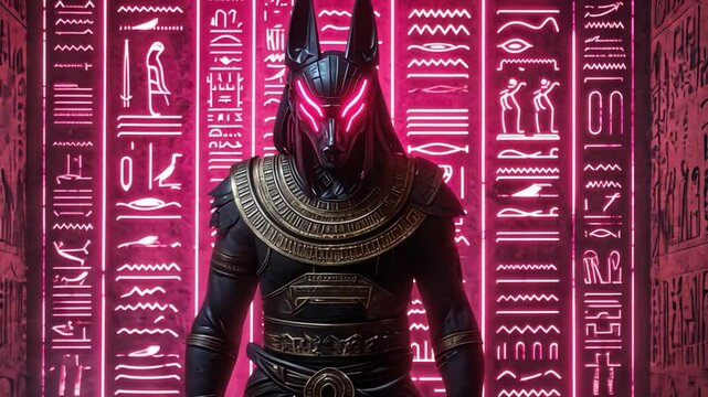 Mythical Figure of Anubis Standing Before Ancient Hieroglyphics with Glowing Red Eyes in a Neon-lit Setting