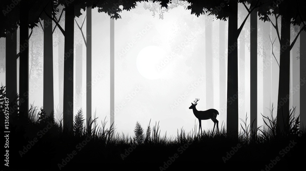 Poster a deer stands gracefully amid tall trees in a misty forest at dawn. the scene captures the tranquili