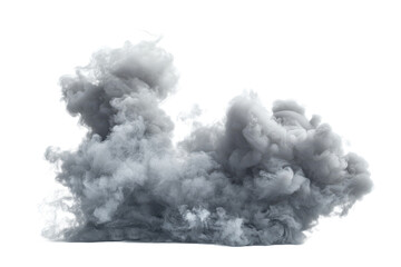 A large cloud of gray smoke billowing and swirling against a bright white background in a studio setting
