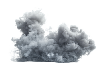 A large cloud of gray smoke billowing and swirling against a bright white background in a studio setting