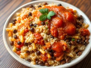 Delicious Koshari Vegan Egyptian Street Food with Rice, Pasta, Lentils, Tomato Sauce, and Crispy Onions.