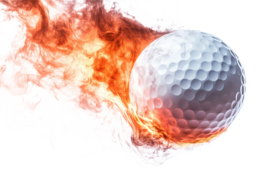 A golf ball engulfed in flames flying through the air against a stark white background creating drama and speed