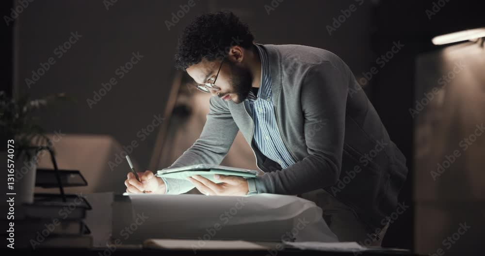 Poster paper, designer or man with tablet for sketch, planning drawing or editing skills in office overtime