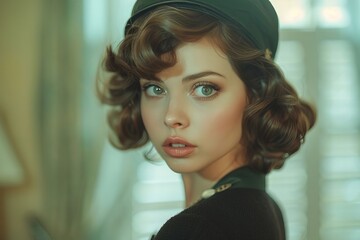 Naklejka premium Vintage Fashion Model Portrayed in Old Film Style