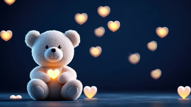 Cute teddy bear holding a glowing heart surrounded by floating heart shapes in a dreamy blue background for Valentine's Day or love-themed projects