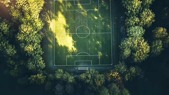 Aerial view of a soccer field surrounded by trees.  Possible use for sports articles, or outdoor activity backgrounds