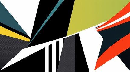 Obraz premium Abstract Geometric Pattern: Vibrant, graphic design featuring abstract geometric shapes in contrasting colors - black, red, white, green, blue, yellow - creates a dynamic visual composition.