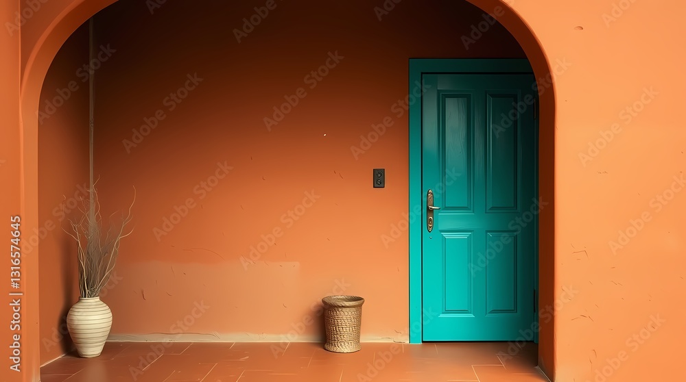 Poster inviting interior: a vibrant space with a teal door and archway and complementary hues, creating an 