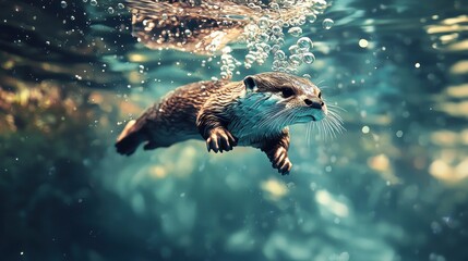 Obraz premium Otter swimming underwater, bubbles rising.