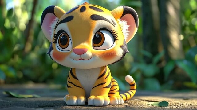 Cute cartoon tiger cub in jungle setting. Possible use children's book illustration
