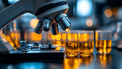 Closeup Microscope Focused On Amber Liquid Samples In Laboratory