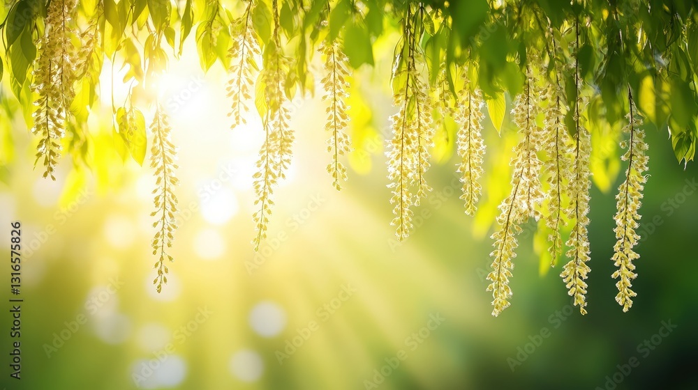 Aufkleber a serene image of cascading flowers illuminated by soft sunlight, creating a tranquil and refreshing