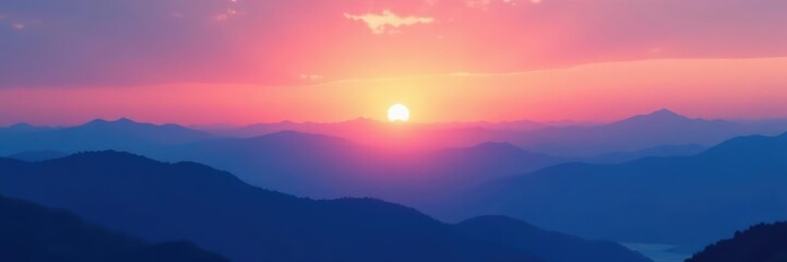 Obraz premium Softly glowing sunset behind layered blue mountains with a gradient sky,, colors