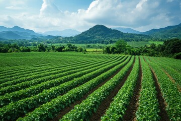 Lush green rows of crops stretch across a vast field, nestled amongst rolling hills under a vibrant sky. Ideal for agriculture, farming, and environmental themes, evokes freshness and abundance.