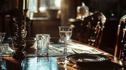 Sunlit antique dining table setting with glassware and place setting.