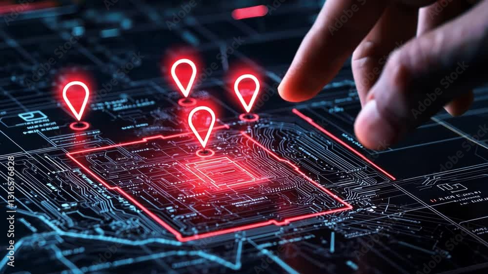 Poster futuristic hand interacting with digital map interface featuring glowing location markers and circui