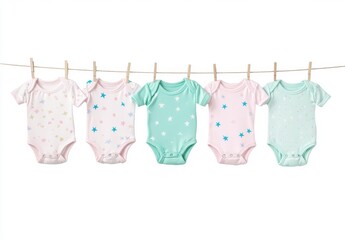 Clothing rack with children's clothes hung isolated on white background. Set of children bodysuits pastel colored. Kid's outfit on hangers. Kids wardrobe. Baby garment. Dressing. New baby apparel