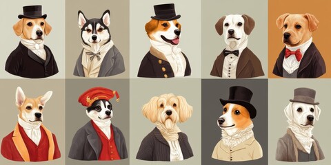 Obraz premium Paintings depicting dogs dressed in various fancy outfits and attire