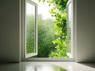 Open window view of refreshing rain and verdant foliage in bright indoor