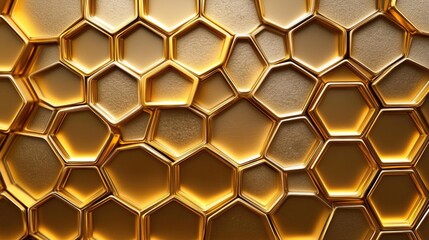 A golden reflective surface composed of geometric hexagonal shapes