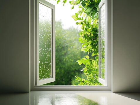 Open window view of refreshing rain and verdant foliage in bright indoor