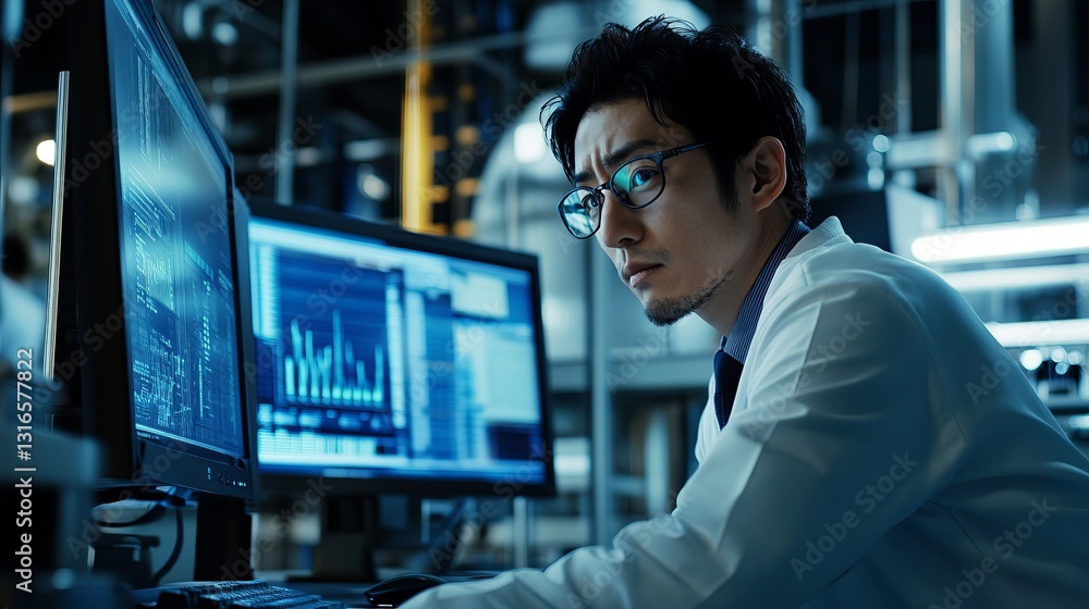 Poster focused scientist analyzing data on multiple computer screens in a modern laboratory setting deep bl