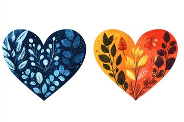 Two decorative hearts adorned with various floral and leafy designs
