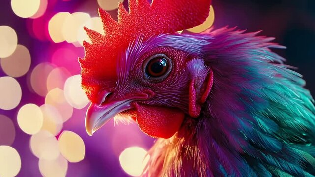 Colorful rooster portrait in bokeh background, vibrant close-up