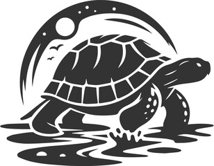 Tortoise crossing a small stream and front legs reaching forward