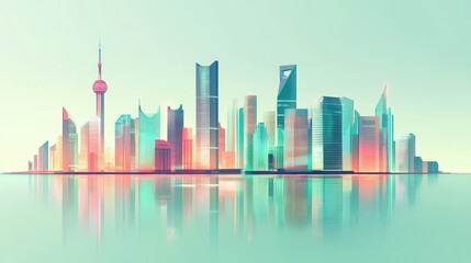 A colorful modern city skyline reflects in the tranquil water