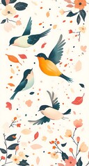 Whimsical Birds and Flowers Elegant Spring Illustration for Home Decor