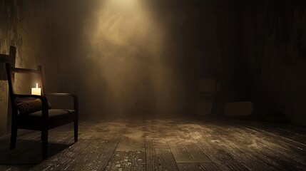 A single lit candle on a chair in a dark room with a spotlight shining on the back wall.